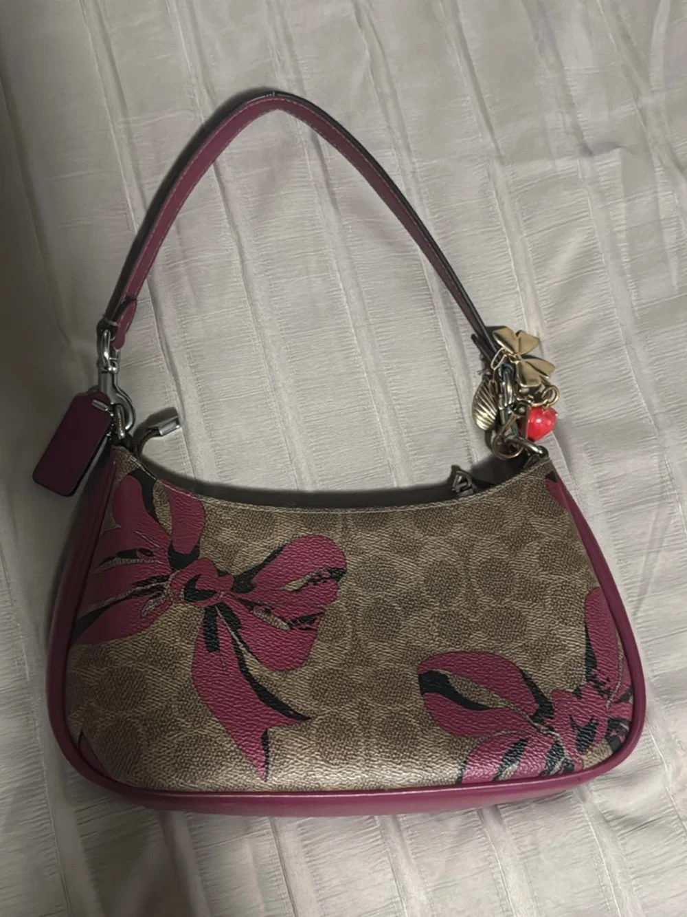 Coach Brown Signature Canvas Shoulder Bag with Pink Floral Accents